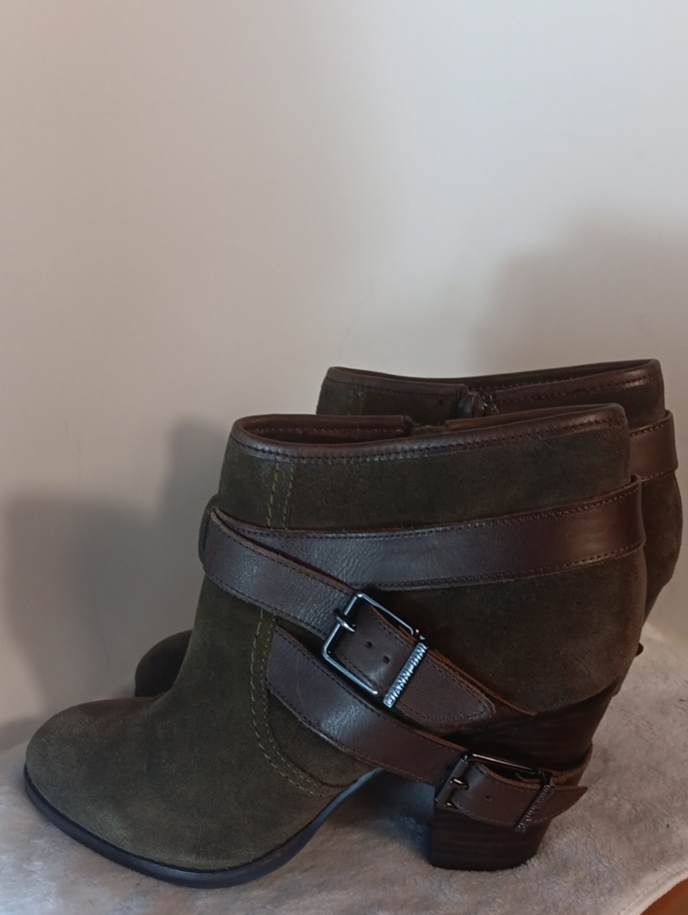 Gianni Bini Olive Suede Ankle Boots with Brown Leather Straps